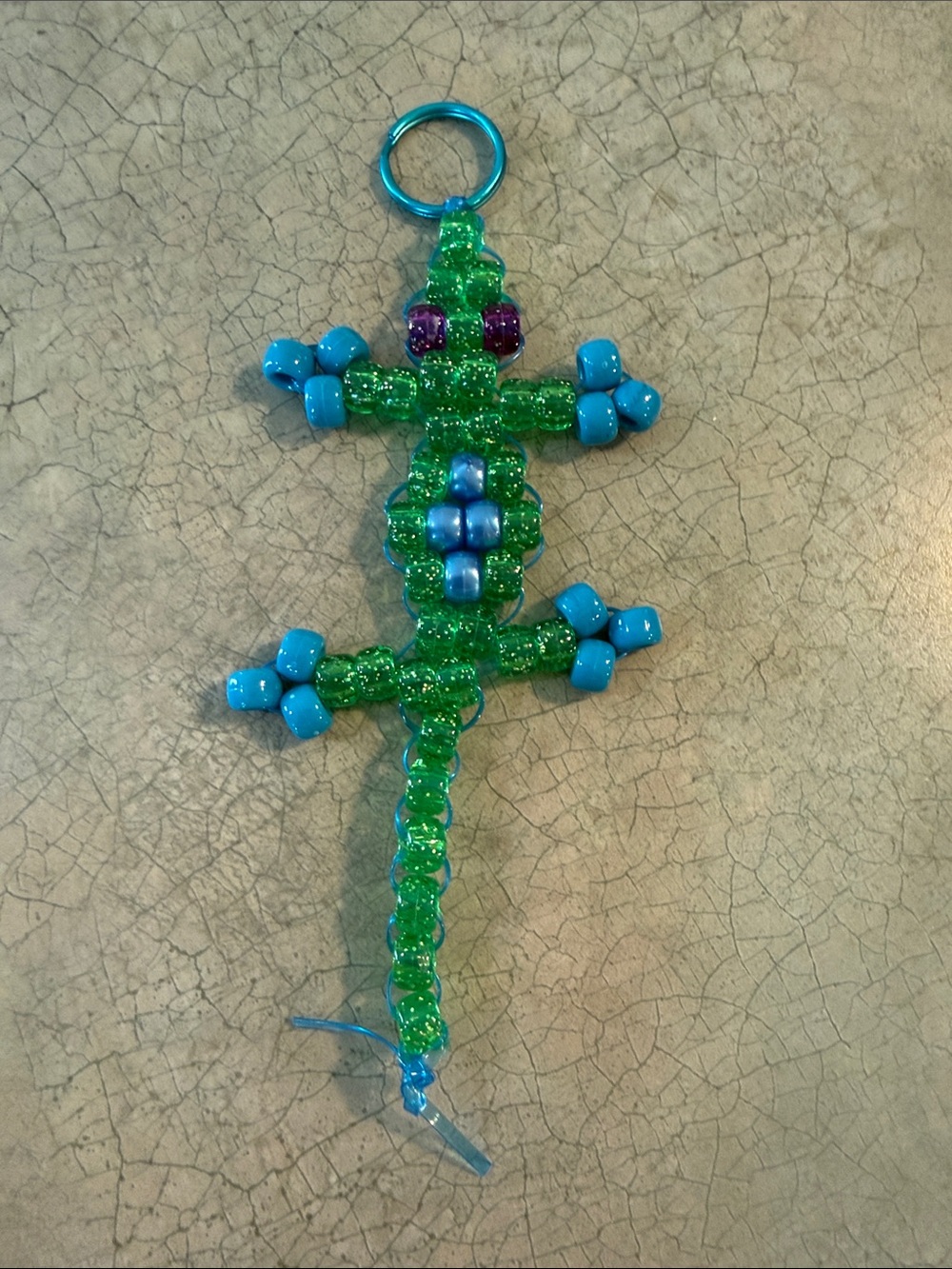 Handmade Kids Beaded Lizard Keychain - Green & Blue